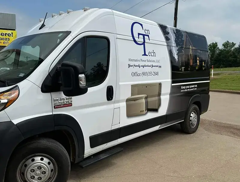 White Ram ProMaster van wrapped with the GenTech Alternative Power Solutions logo, office number (903) 353-2848, generator pictures and the slogan Keep your power on, even when the power's out.